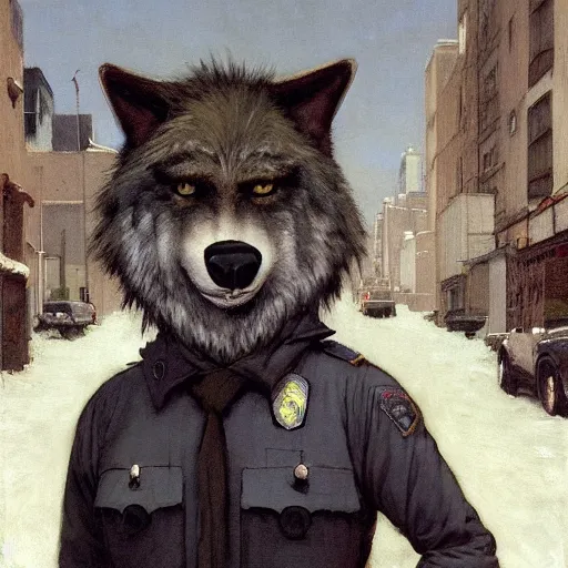 Image similar to new york city portrait of furry anthro anthropomorphic grey wolf head animal person fursona wearing clothes nypd traditional police uniform in the alley, sunny day, digital art by Nerdrum John, William Waterhouse, Winslow Homer, Alex Heywood, Jordan Grimmer, Darren Quach, Greg Rutkowski, Simon Stalenhag, trending on Artstation, CGSociety