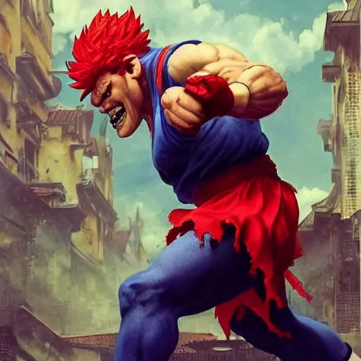 Image similar to david koechner as akuma street fighter, kicking, 4 k, ultra realistic, detailed focused art by artgerm and greg rutkowski and alphonse mucha