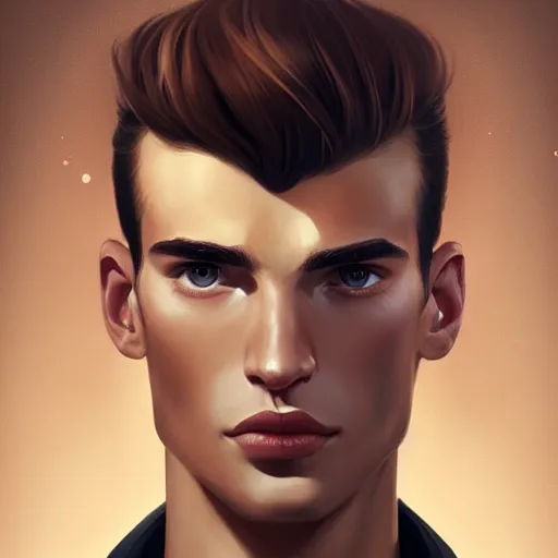 Image similar to tall man in his twenties with brown blond short quiff hair and thin round facial structure with cleft chin, straight eyebrows and prominent nose, good definition of cheekbones, big hazel nut brown eyes, narrow face, atmospheric lighting, painted, intricate, 4 k, highly detailed by charlie bowater