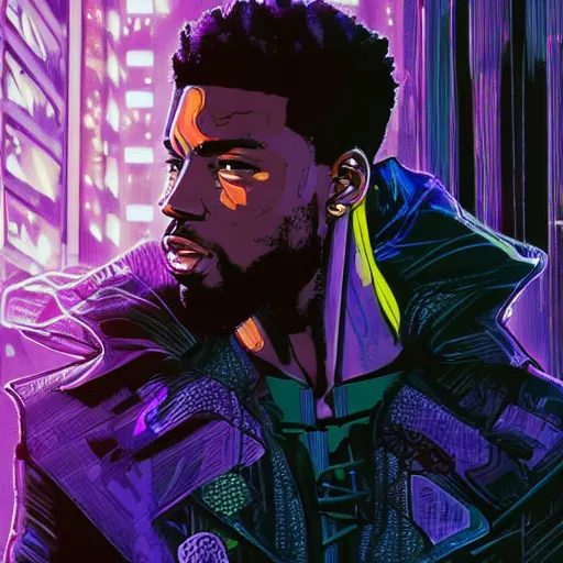 Image similar to high detailed kilmonger from black panther in a cyberpunk rainy city at night by eliran kantor, michael b jordan, hand drawn, illustration, purple and blue neons, unreal engine, high quality, 4 k, uhd, trending on artstation, wires, blade runner vibes, ghost in the shell, akira, dorohedoro