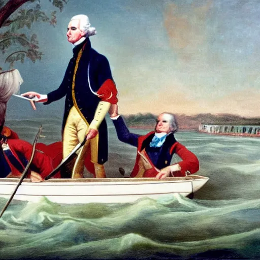 Prompt: painting of george washington talking on his iphone as he crosses the delaware river