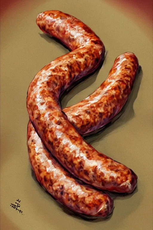 Prompt: sausage, realistic, art by jacqueline e, color by tafy laplanche, background by bo feng lin