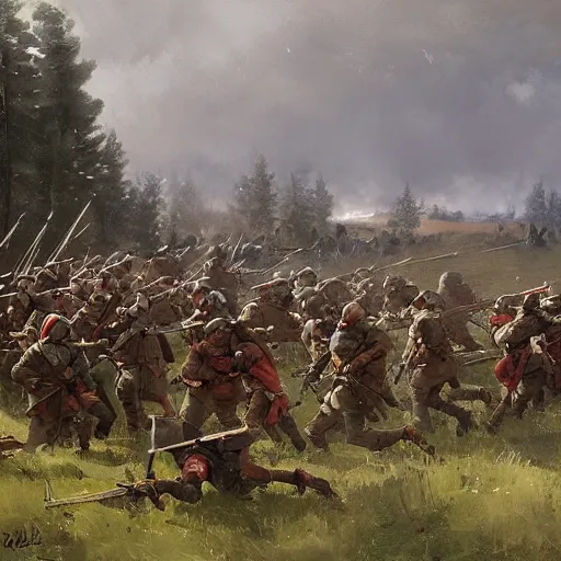 Image similar to two armies prepare for battle in the style of Jakub Rozalski