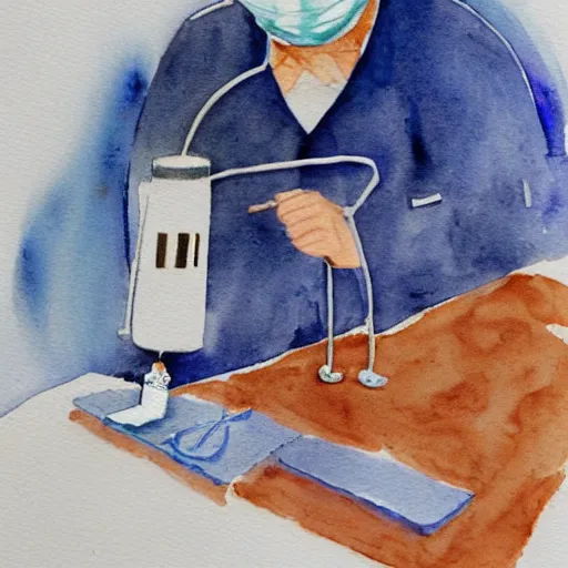 Image similar to doctor performing surgery on a rocket, blue watercolor painting