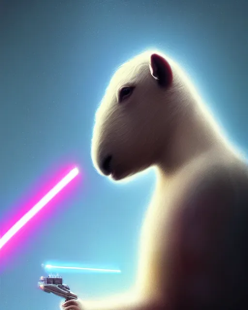 Image similar to long shot of a white capybara with darth vader, beautiful, agile, fairy, myth, legend, detailed, trending on artstation, light effects, kilian eng, john harris, bastien lecouffe - deharme