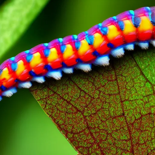 Prompt: very colorful caterpillar, fat caterpillar eats a leaf, macro, beautiful photography