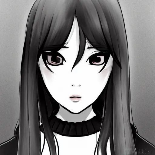 Image similar to portrait of a beautiful korean girl with very long hair and bangs, angular features, angry expression, wearing a black hoodie, in the style of studio trigger, extremely clean lines, anime and manga style