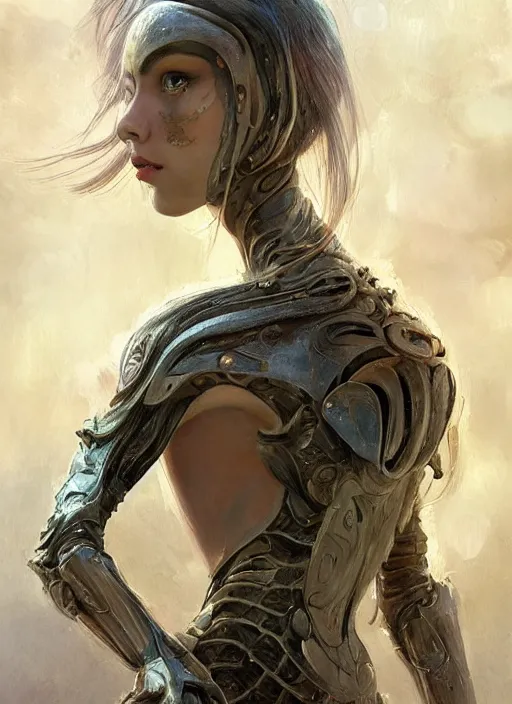 Image similar to a professional painting of a beautiful young female alien, clothed in ethereal armor, olive skin, long dark hair, beautiful bone structure, symmetrical facial features, intricate, elegant, digital painting, concept art, smooth, sharp focus, illustration, from Valerian and the City of a Thousand Planets, by Ruan Jia and Mandy Jurgens and Artgerm and William-Adolphe Bouguerea