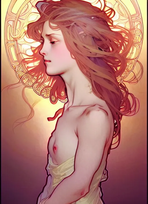 Image similar to digital character concept art by artgerm and alphonse mucha. clear portrait of a shy modern wife blessed by god to grow immaculately fertile and perfect!! blonde, in clothes! holy body! light effect. hyper detailed, glowing lights!! intricate, elegant, digital painting, artstation, smooth, sharp focus