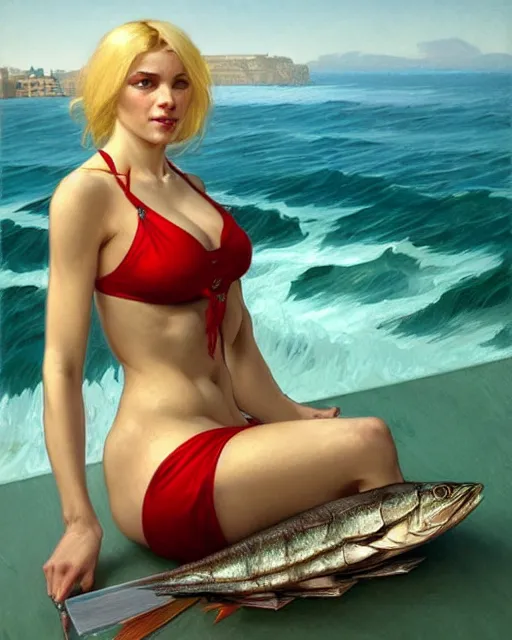 Prompt: Portrait of a blonde woman wearing a green & red bikini cooking sardines in Porto,real life skin, intricate, elegant, highly detailed, artstation, concept art, smooth, sharp focus, art by artgerm and greg rutkowski and alphonse mucha