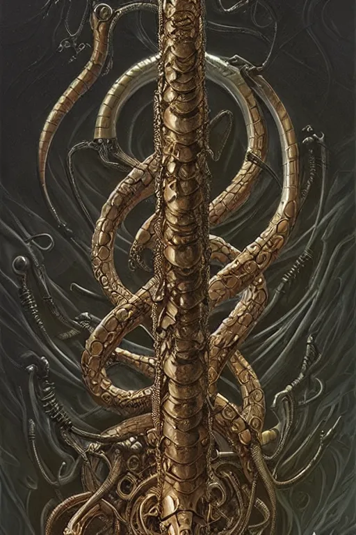 Image similar to masterpiece, infernal caduceus serpent staff, doom, elegant majestic, art by h. r. giger, greg rutkowski, josan gonzalez, alexey egorov, biomechanical, alchemy, monogram