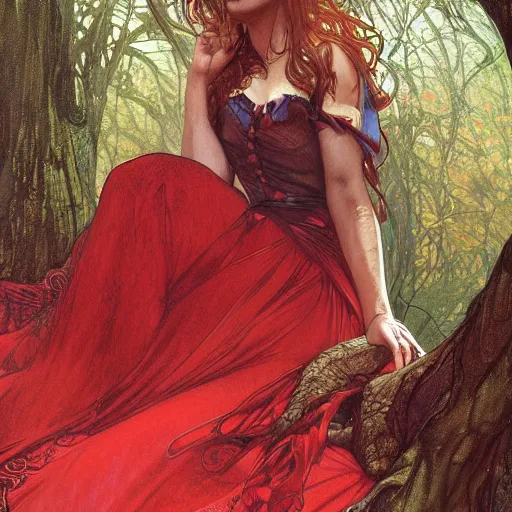 Image similar to portrait of a woman resting on large tree, regal dark red clothing, blonde hair, green lines, sharp focus, intricate, cinematic lighting, smooth, ultra realistic illustration, high fantasy, elegant, by artgerm, greg rutkowski, alphonse mucha magali villeneuve