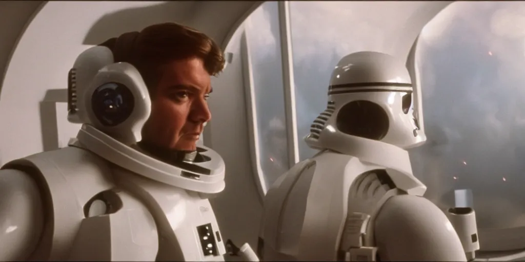 Image similar to a still from a film of a navy captain, back turned, standing in front of a large window with a live action STAR WARS space battle, 35mm, directed by George Lucas, miniatures, ILM