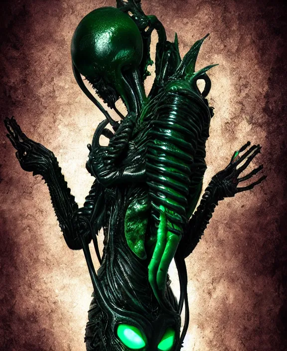 Image similar to xenomorph queen goth model hybrid, dragon eggs, dark emerald mist colors, giger background liminal void, cinematic lighting, realistic, award winning photograph, various refining methods, micro macro autofocus