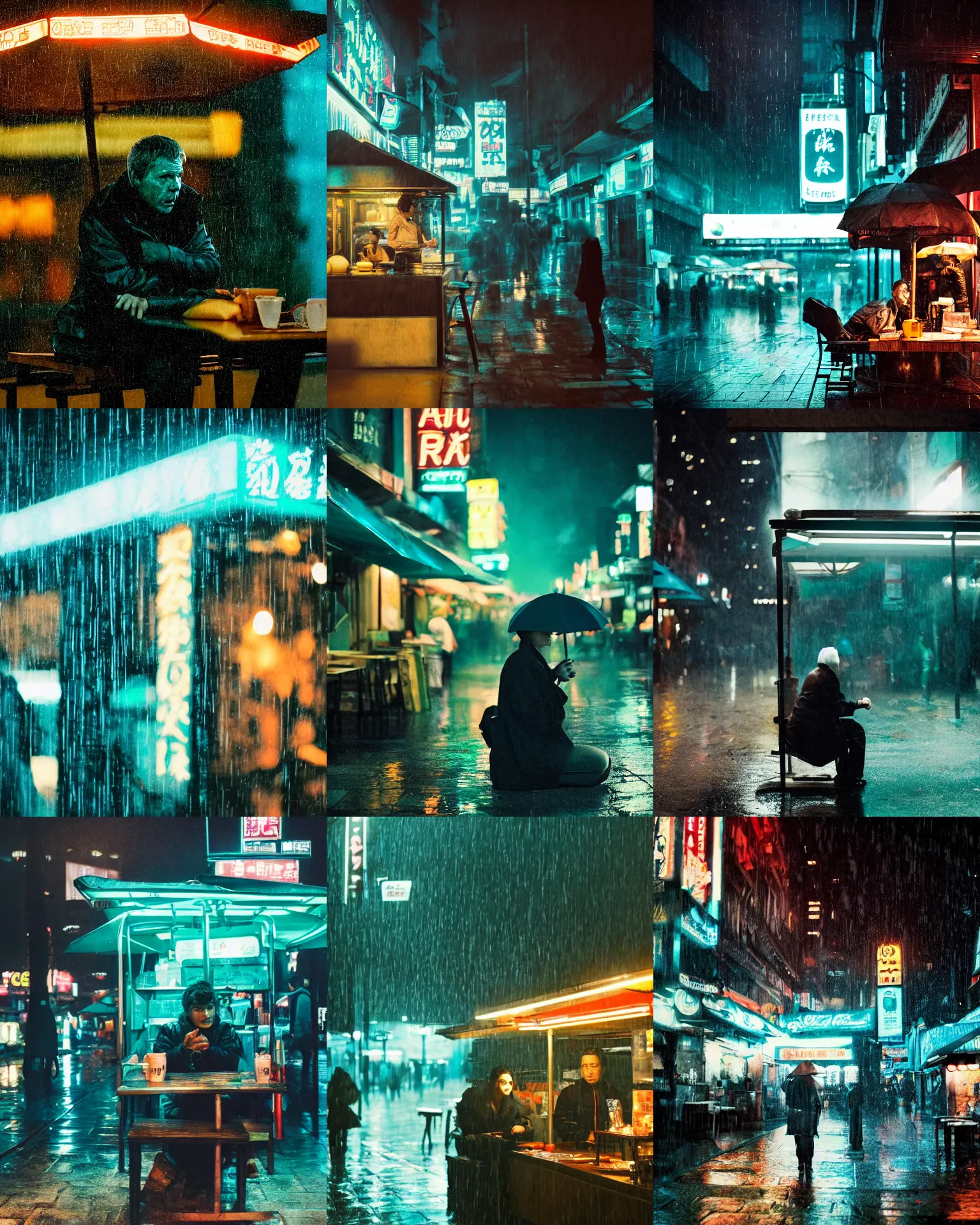 Prompt: blade runner movie still of a customer sitting at an outdoor noodle stand, rack focus, close establishing shot, rainy night, monochromatic teal, steamy, desaturated colors, dark teal lighting, soft dramatic lighting, 4 k digital camera