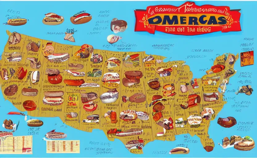 Image similar to hot dogs across america map, detailed, map key, tourist map, brochure