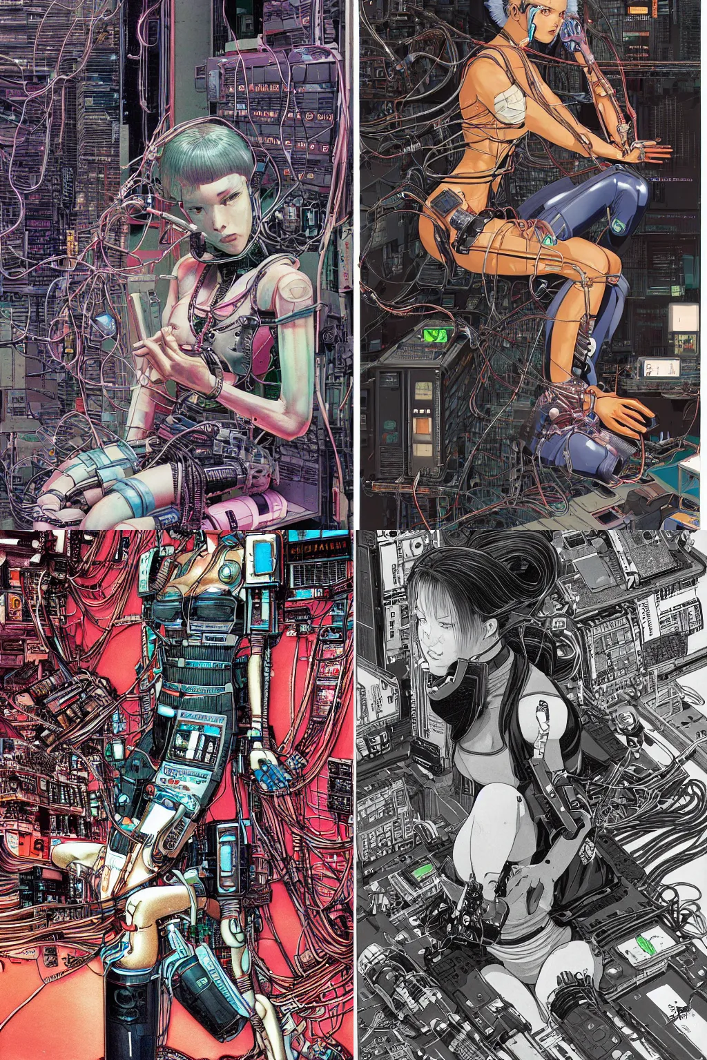 Prompt: an hyper-detailed cyberpunk illustration of a female android seated on the floor in a tech labor, seen from the side with her body open showing m cables and wires coming out, by masamune shirow, and katsuhiro otomo, japan, 1980s, centered, colorful