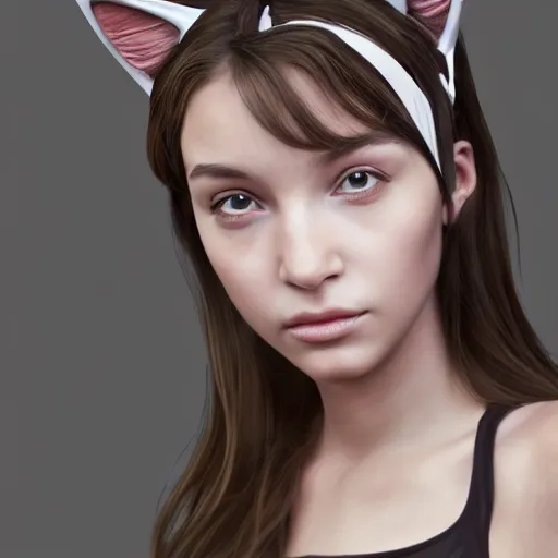 Image similar to Perfectly-Centered Portrait of a Young Woman Wearing Fake-Cat-Ears and t-shirt and shorts, intricate, elegant, super highly detailed, professional digital painting, artstation, concept art, smooth, sharp focus, no blur, no dof, extreme illustration, Unreal Engine 5, Photorealism, HD quality, 8k resolution, cinema 4d, 3D, beautiful, cinematic, art by artgerm and greg rutkowski and alphonse mucha and loish and WLOP