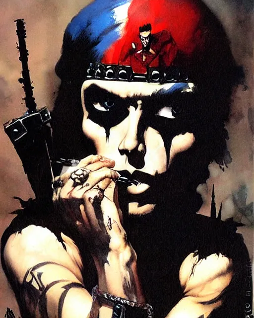 Prompt: portrait of a skinny punk goth soldier smoking a cigarette by simon bisley, john blance, frank frazetta, fantasy, barbarian