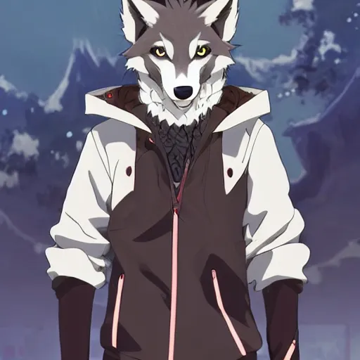 Image similar to key anime visual portrait of an anthropomorphic anthro wolf fursona, in a jacket, with handsome eyes, official modern anime art