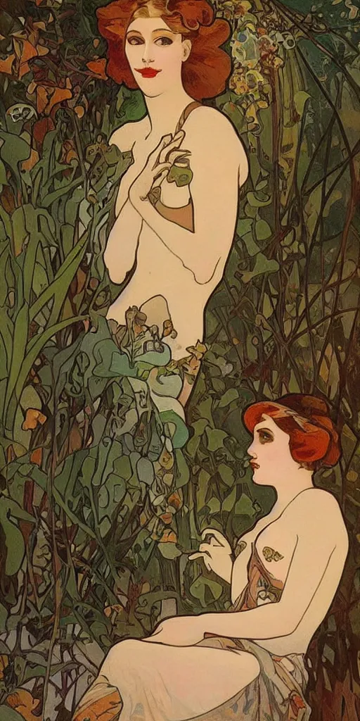 Image similar to esthetic beautiful woman models painted by Alfons Mucha, Art Deco, hot, forest on background, banner