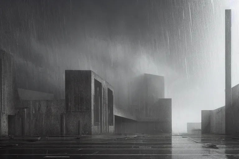 Image similar to cathedral, brutalist architecture, metal, concrete, mist, rain, night, dramatic lighting, lightning bolt, trending on Artstation, 8k, highly realistic, hyper detailed, unreal engine 5, IMAX quality, realistic, cinematic, epic lighting, realistic, in the style of Greg Rutkowski