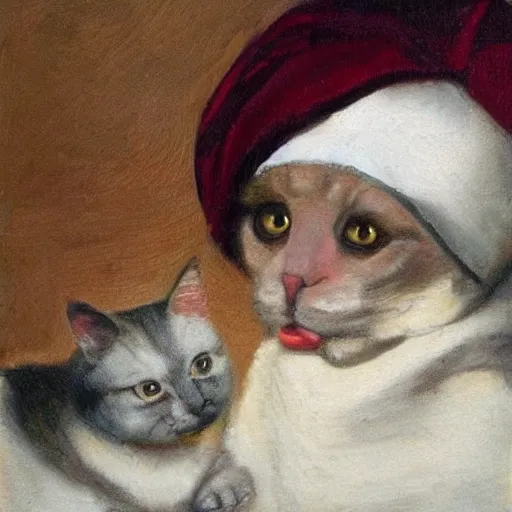 Prompt: a cat wearing a Pearl Earring by Johannes Vemeer,