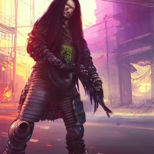 Image similar to portrait painting of a street samurai with long purple hair riding a motorcycle through a burning cyberpunk slum, glitchwave, ultra realistic, concept art, intricate details, eerie, highly detailed, photorealistic, octane render, 8 k, unreal engine. art by artgerm and greg rutkowski and nivanh chanthara