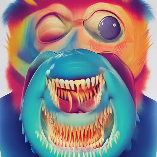 Prompt: Blast of toothpaste covering the creature\'s face, big teeth smiling monster, toothpaste advertisement poster printed CMYK ink coloured lithography