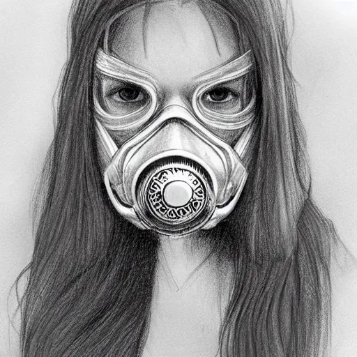 Prompt: Portrait of a woman, long hair, gas mask, pencil sketch, concept art