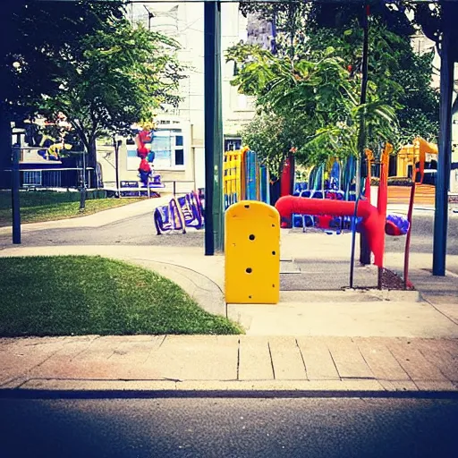 Image similar to “a street corner with a childrens playground and a building across the street”