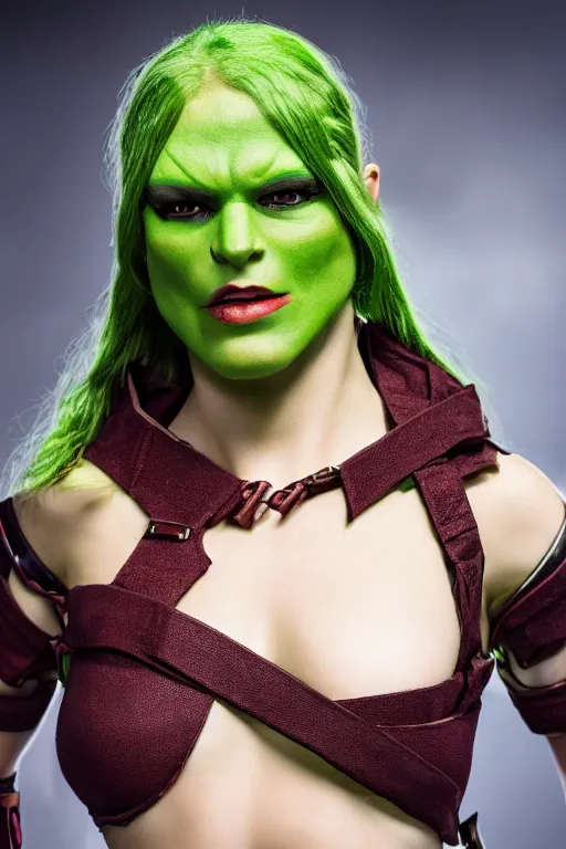 Image similar to a green-skinned female DND verdan, high resolution film still, 8k, HDR colors, cosplay, studio lighting