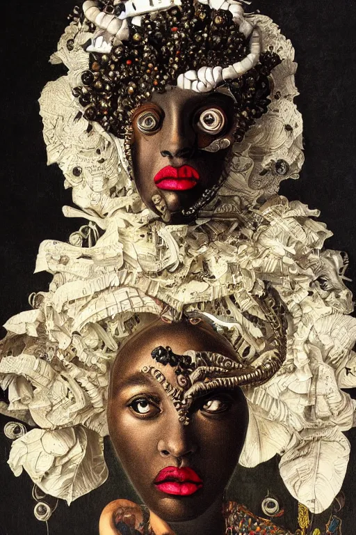 Image similar to Detailed maximalist portrait with dark skin, with large lips and with large white eyes, exasperated expression, HD mixed media, 3D collage, highly detailed and intricate, surreal illustration in the style of Caravaggio, dark art, baroque