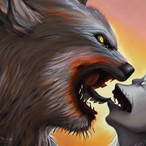 Image similar to oil painting of a werewolf kissing another werewolf, detailed, 4k, fantasy