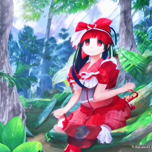 Image similar to a pixiv of reimu in the jungle wearing bonnet