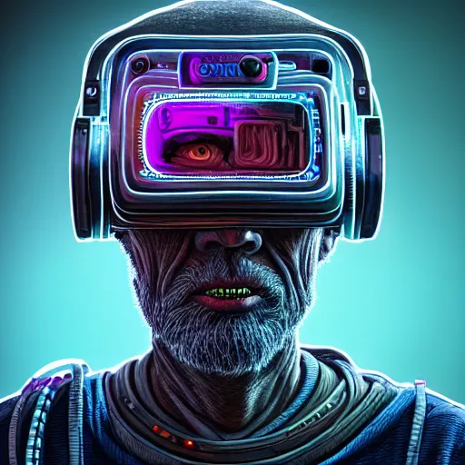 Prompt: Colour Photography of 1000 years old man with highly detailed 1000 years old face wearing higly detailed cyberpunk VR Headset designed by Josan Gonzalez Many details. . In style of Josan Gonzalez and Mike Winkelmann andgreg rutkowski and alphonse muchaand Caspar David Friedrich and Stephen Hickman and James Gurney and Hiromasa Ogura. Rendered in Blender with Minecraft style