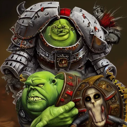 Image similar to an extremely sad orge and a skaven in warhammer 4 0 k darktide