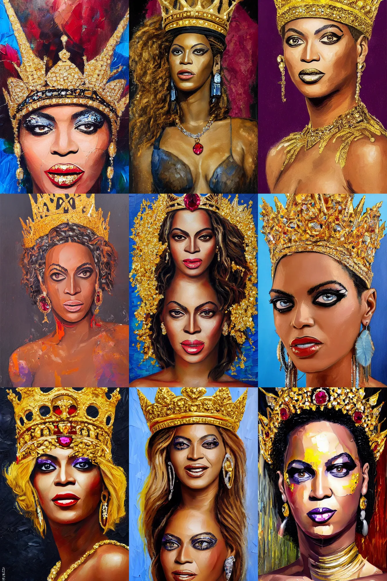 Prompt: palette knife oil painting portrait of beyonce, a queen - with gold crown with diamonds and rubies, man in mafia wear and australian aboriginal body paint, concrete balcony, nightclub, artstation trending, artgerm, any racial background, deviant art, hipster, octane, substance, art history 8 k