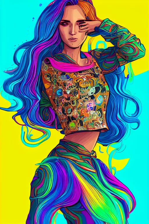 Image similar to a award winning half body portrait of a beautiful woman with stunning eyes in a printed croptop and cargo pants with rainbow colored ombre hairstyle head in motion and hair flying by josan gonzales, outrun, vaporware, shaded flat illustration, digital art, trending on artstation, highly detailed, fine detail, intricate