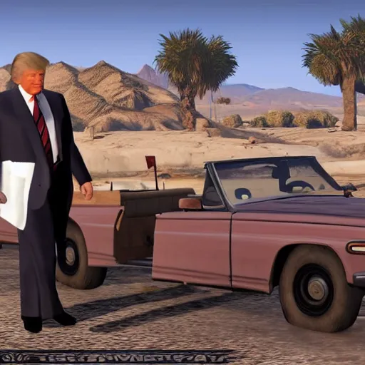 Prompt: Grand Theft Auto V loading screen: Donald Trump wearing a dress in the desert, very detailed, very intricate, elegant,