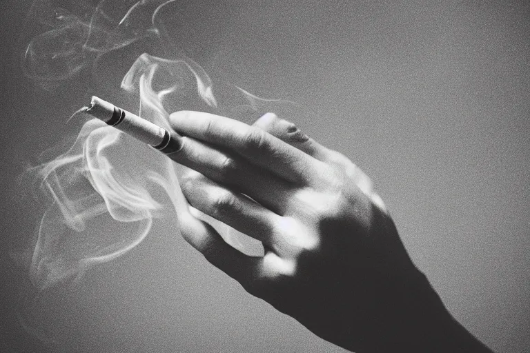 Image similar to A photo of thin soft hand holding cigarette with smoke, hyper realistic, smooth