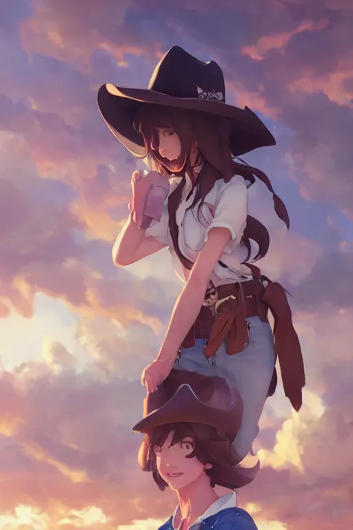 Image similar to a very cute cowgirl cat girl, single subject, scenic full shot, ambient lighting, detailed face, by makoto shinkai, stanley artgerm lau, wlop, rossdraws