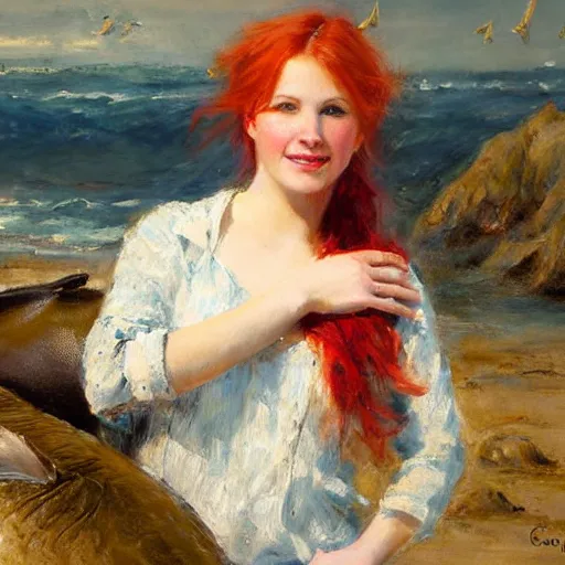 Prompt: a portrait of a red headed young woman hugging a whale in a scenic environment by Gerhartz, Daniel F.