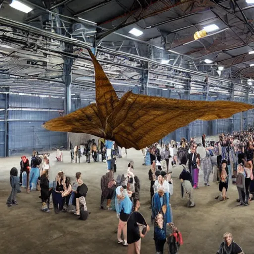 Image similar to a group of people gathered in a warehouse, worshipping a giant moth, highly detailed, 8 k, realistic,