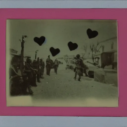 Prompt: soldiers use hearts as weapon. polaroid. old photos. vintage