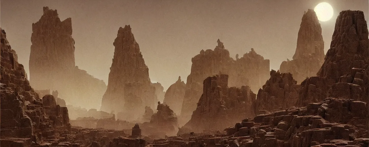 Image similar to ancient cities, castles, fortresses built by demigods aeons ago buried under time and sand on barren desert exoplanet by James Gurney, by Caspar David Friedrich, by Beksinski and Alex Gray