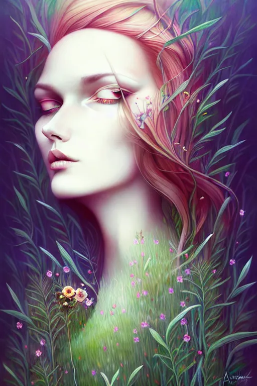 Prompt: a giant gorgeous woman lies overgrown with grass and trees by anna dittmann