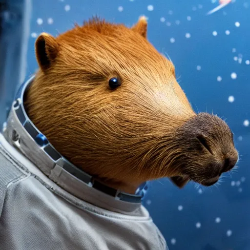 Image similar to a humanoid capybara wearing a space suit