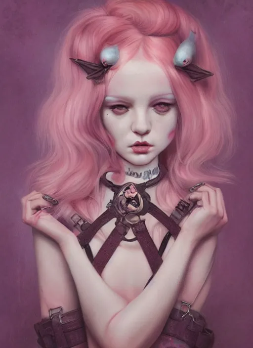 Image similar to pop surrealism, lowbrow art, realistic cute girl painting, pink body harness, shibari, hyper realism, muted colours, rococo, natalie shau, loreta lux, tom bagshaw, trevor brown style,