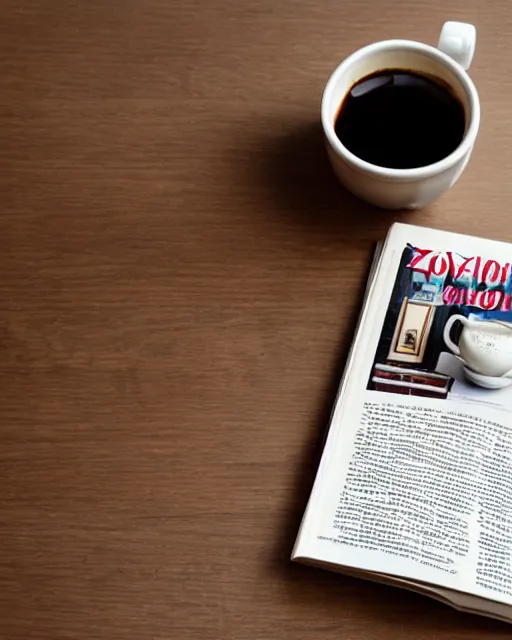 Prompt: a full view of a table with a magazine with a picture of a coffee cup clay sculpture, magazine, zoomed out, zoomed out, zoomed out